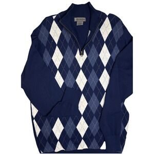 Park Slope Mens 1/4 Zip Pullover Sweater Blue White Argyle Ribbed Trim Cotton 2X